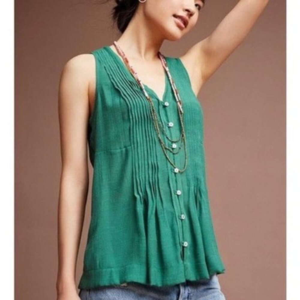 Anthropologie Maeve Pleated Sleeveless Green Blouse - Small